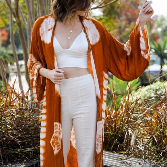 JANIS Tie-Dye Longline Kimono w/Full Sleeves Rust - Picture 2 of 6